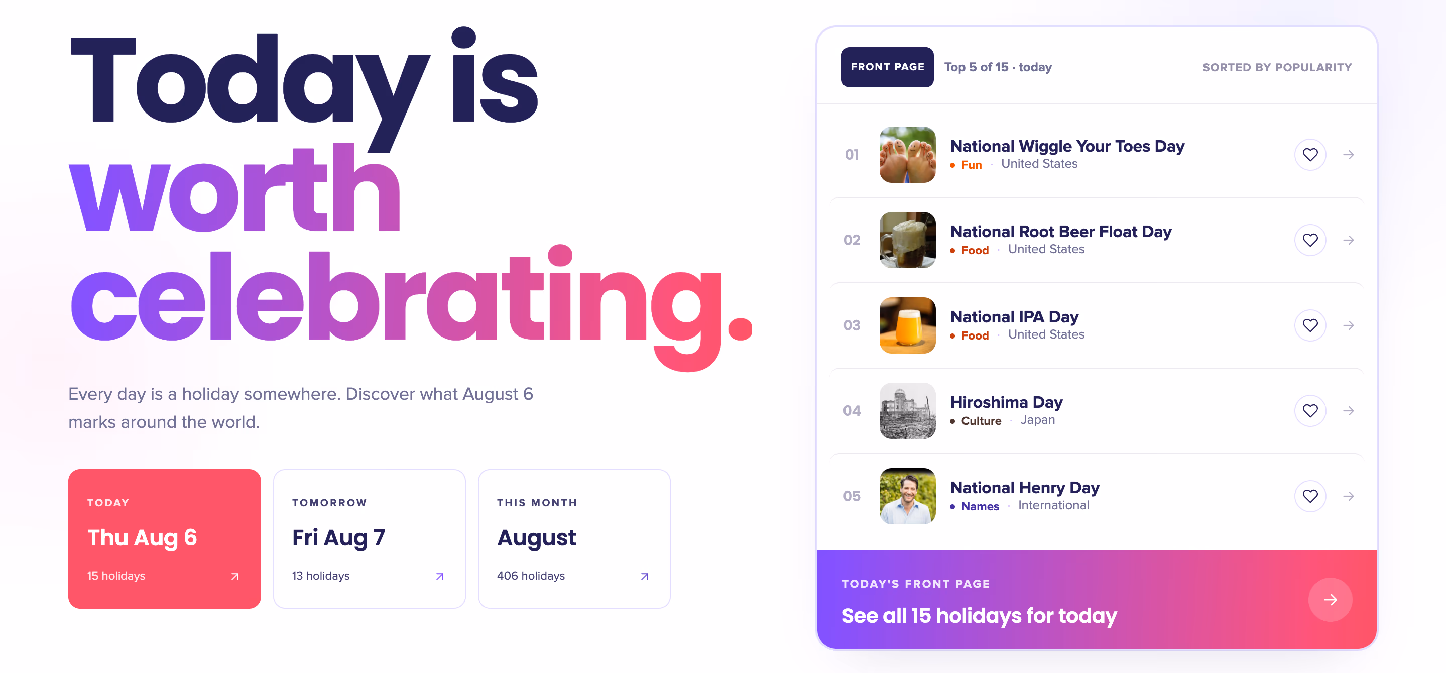 The Holiday Calendar homepage: “Today is worth celebrating”, with the day’s top five holidays listed alongside